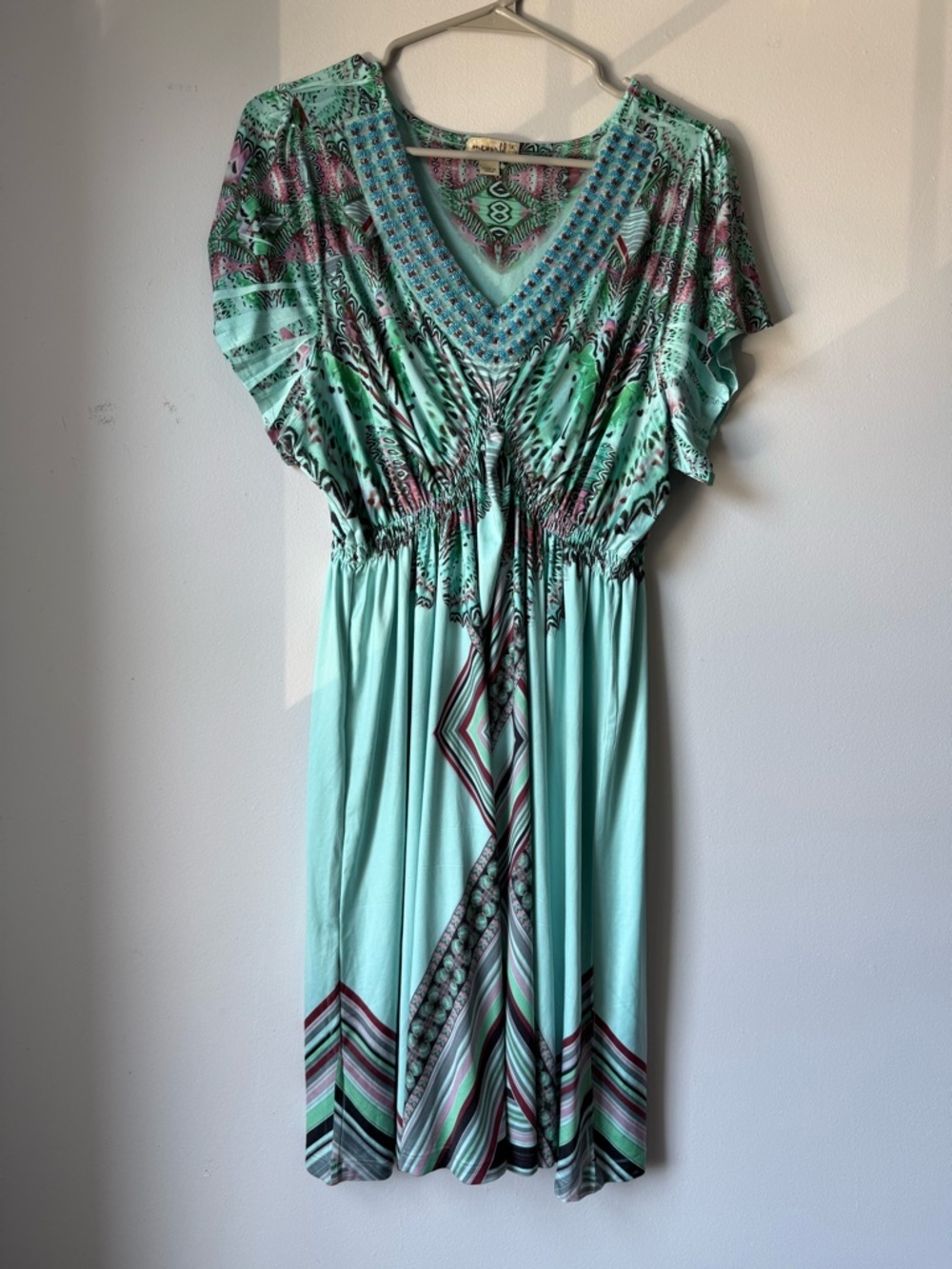 ONE WORLD Multicolor Blue Paisley Midi Hippie Boho Dress Beaded Vneck Size XL 1X - Picture 2 of 10